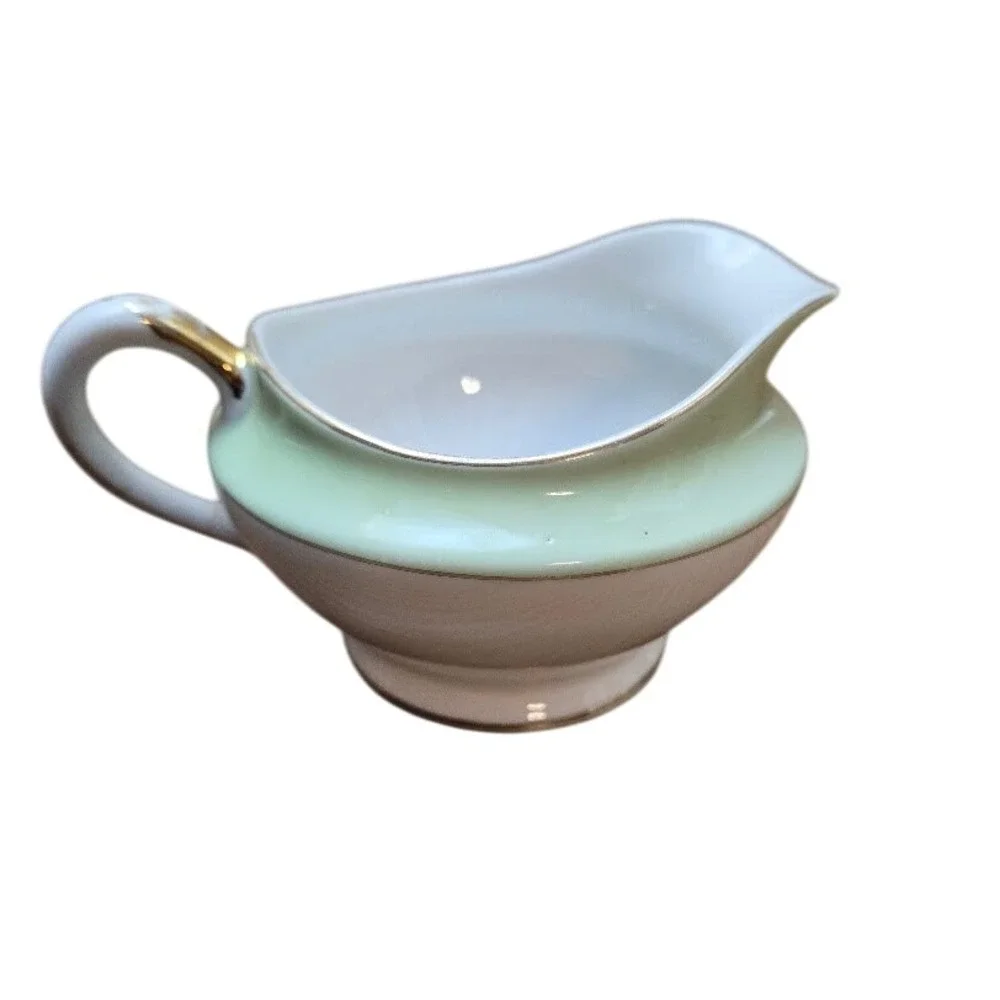 Vintage Nippon Hand Painted Sugar Bowl Creamer Set White-Pale‎ Green-Gold Trim